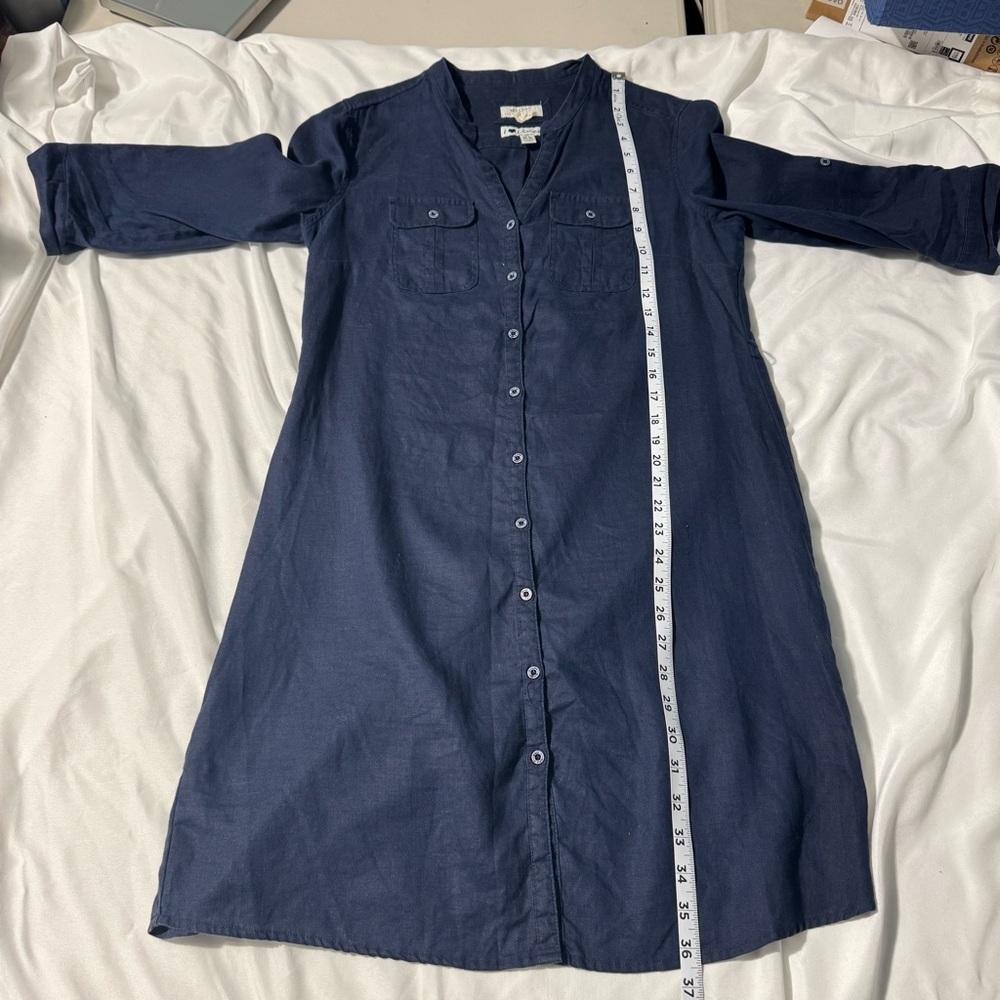 Malvin I ❤️ Linen Navy Shirt Dress Size M Button Front Midi Minimalist Classic - Picture 9 of 12